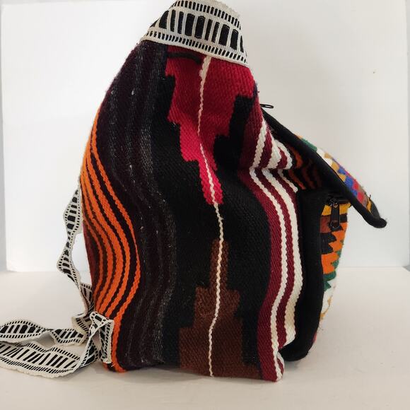 Peruvian Wool Red Black Aztec Print Lined Backpack Boho Hippie Retro Western - Picture 10 of 12